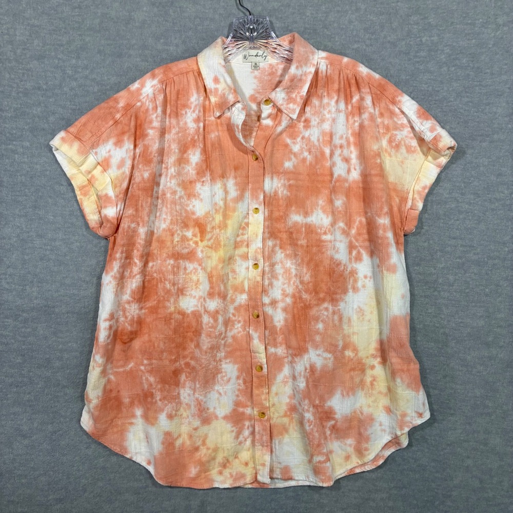 Wonderly Orange Tie Dye Cotton Gauze Button Down Shirt XL Boho Short Sleeve Top